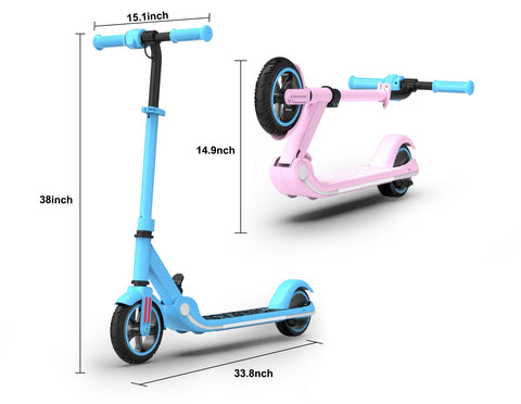 A portable blue and pink scooter with flashing light measurements.