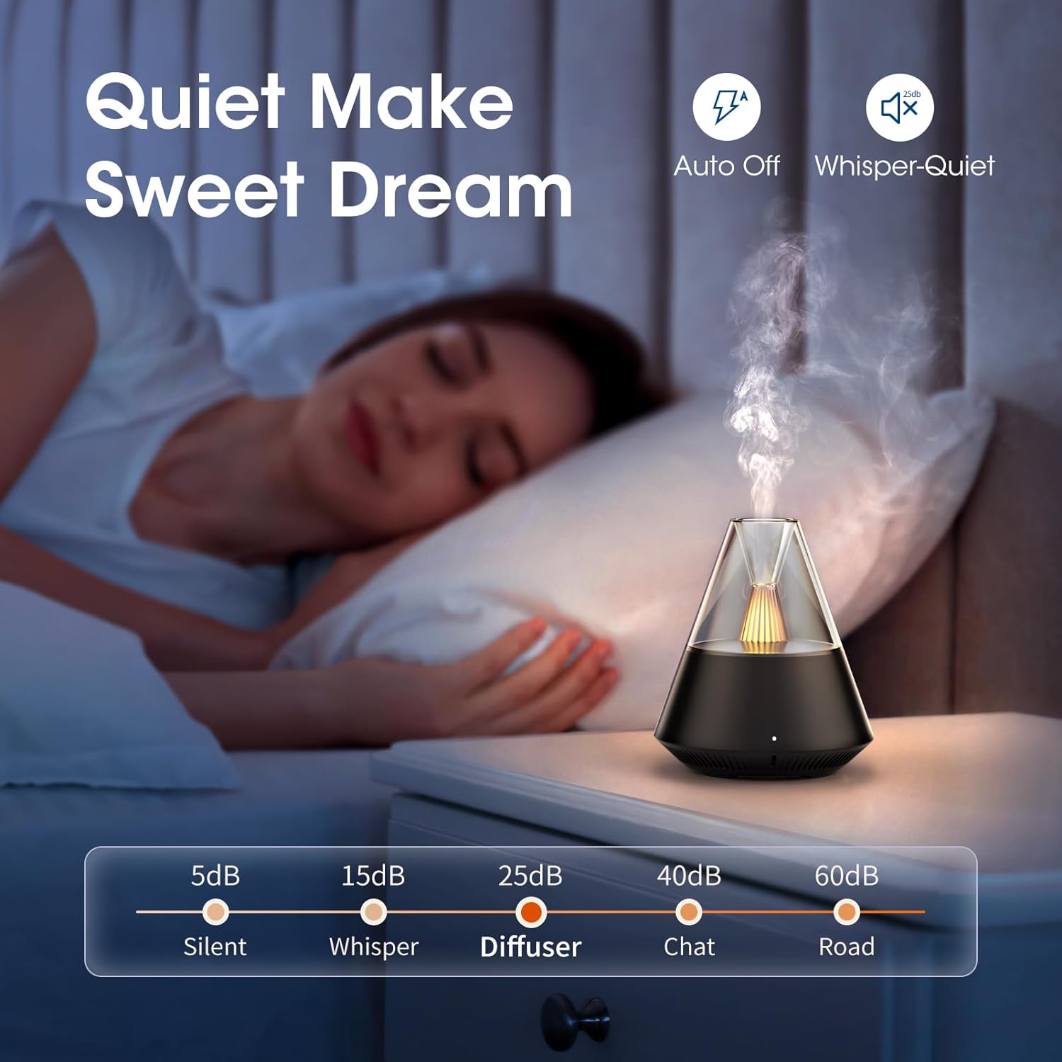 A woman sleeps peacefully next to a quiet Essential Oil Diffuser SpyCam with a noise level chart indicating it operates at a whisper-quiet volume.