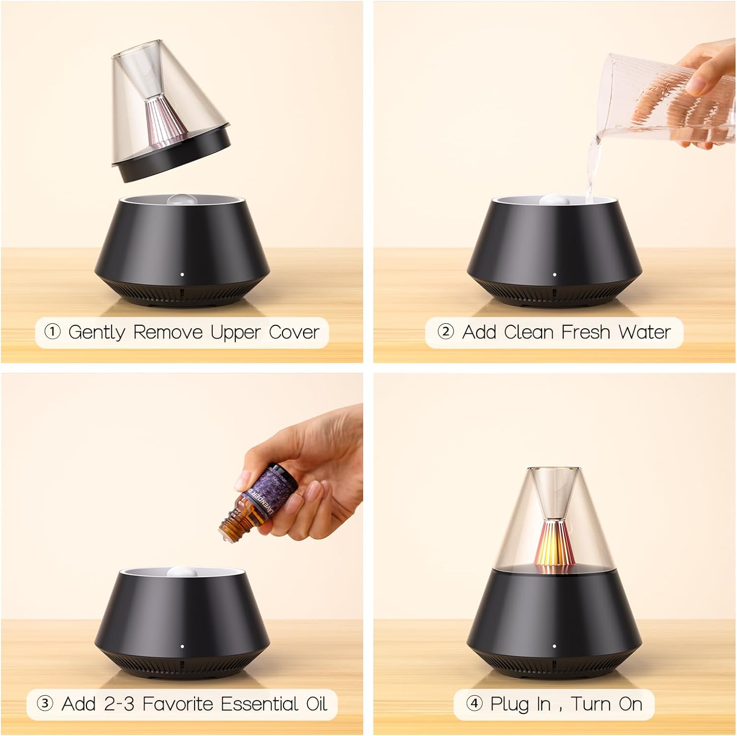 Step-by-step instructions for using an Essential Oil Diffuser SpyCam: 1. remove the top, 2. pour in water, 3. add essential oils, 4. plug in