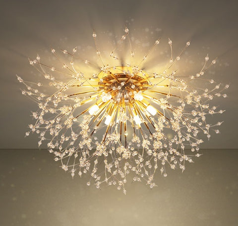 A modernized fairy crystal chandelier enchants with its abundant crystals hanging from it.