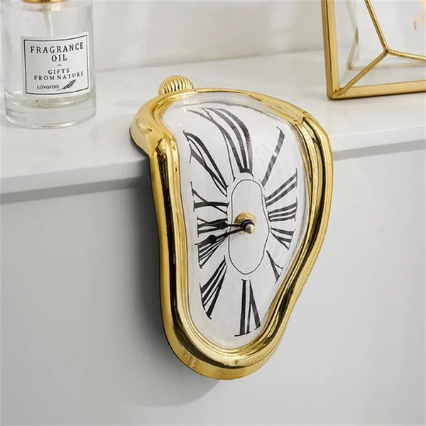 An artistic and humorous twist on a clock, inspired by Salvador Dali, resting on a shelf alongside a vase.