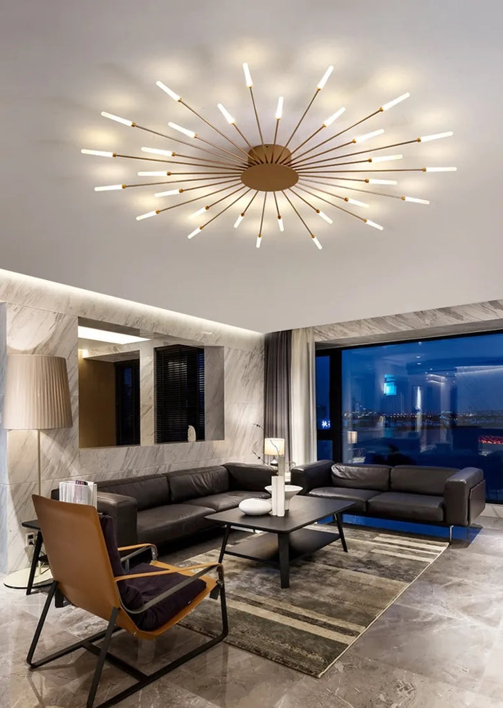 A modern living room with a Magic Wand Ceiling Light, creating a sleek and stylish ambiance in the living space.