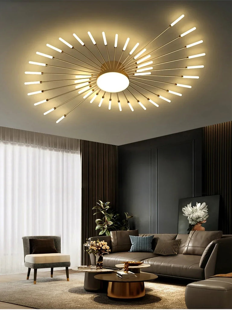 A modern living room with a sunflower design ceiling light.