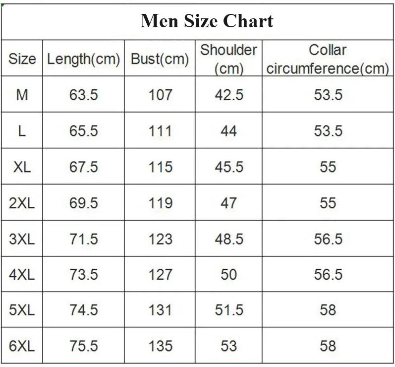 Men's size chart for Smart Heated Vest.