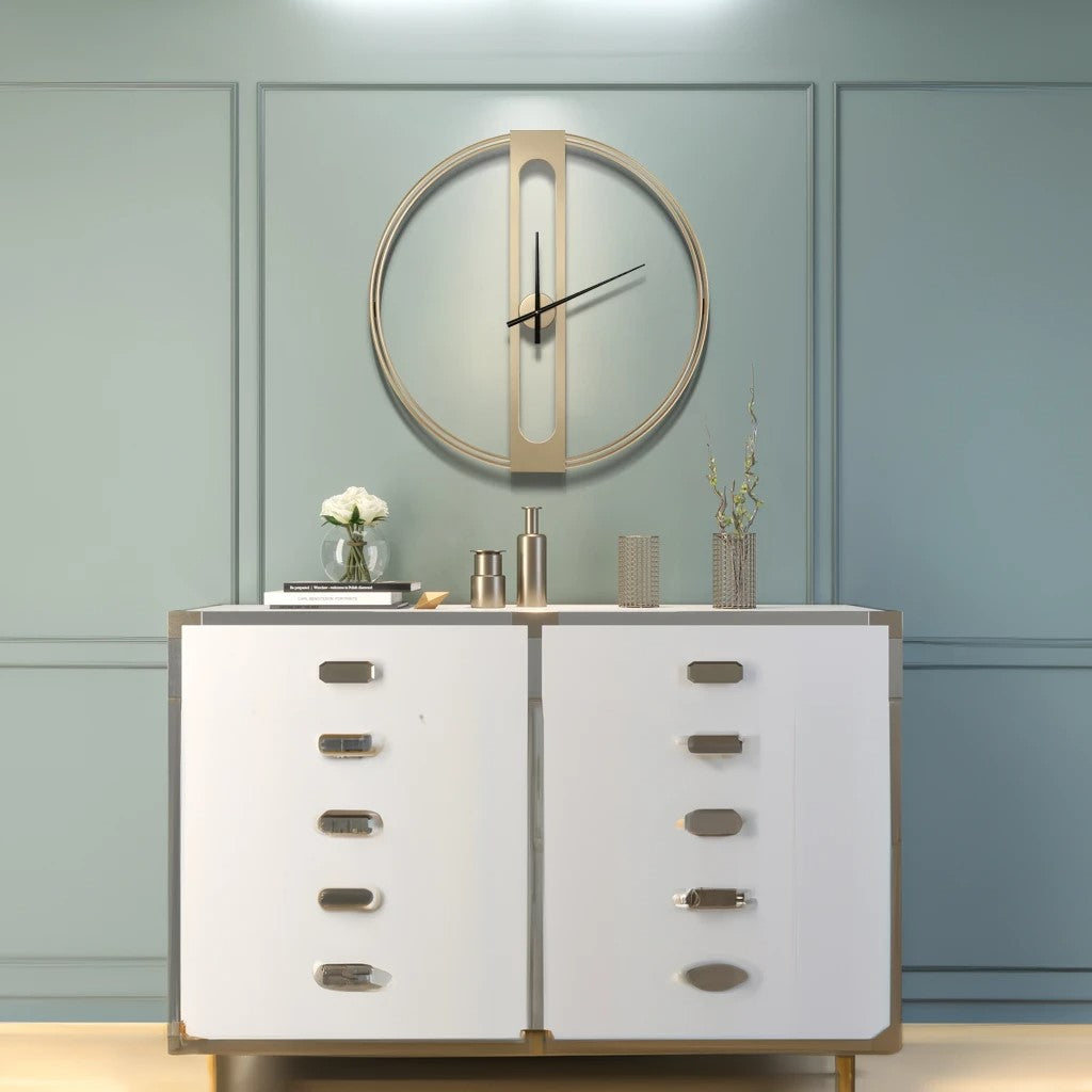A modern white cabinet with a simple yet elegant Minimalist Round Wall Clock above, set against a teal wall to decorate your space.
