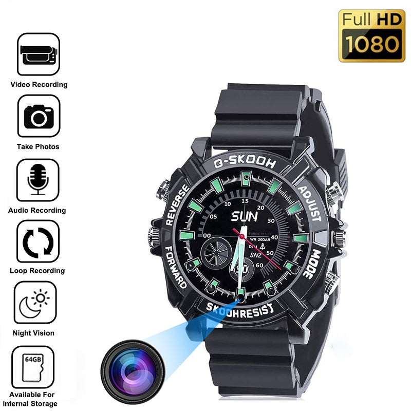A black multifunctional wristwatch with HD 1080P camera capabilities, displaying icons for video, photo, and audio recording functions, and highlighting night vision and storage features.