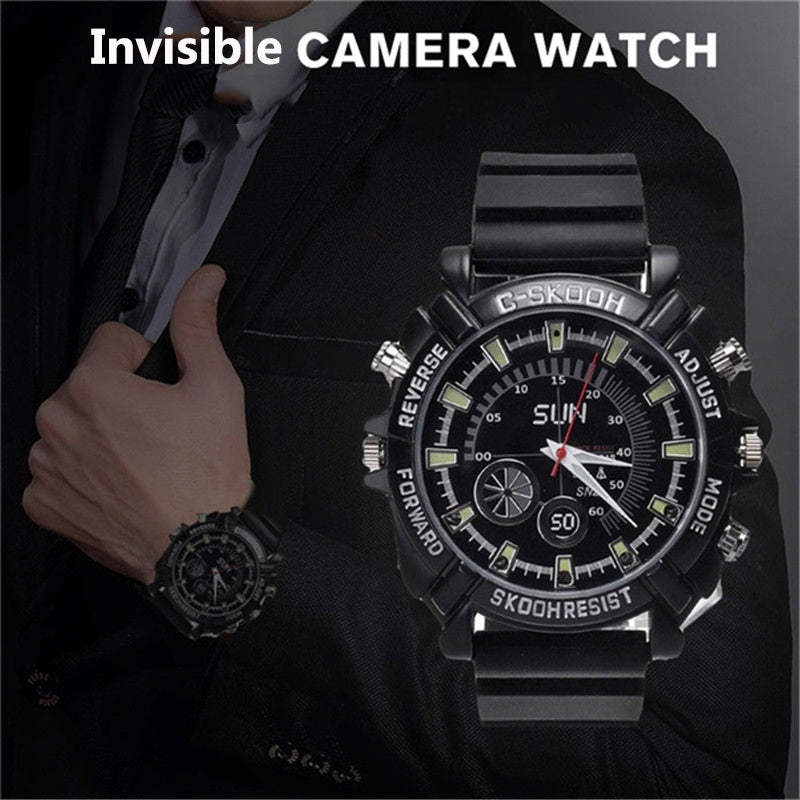 A man in a suit adjusting a large black wristwatch, which is SpyCam Watch with hidden camera.
