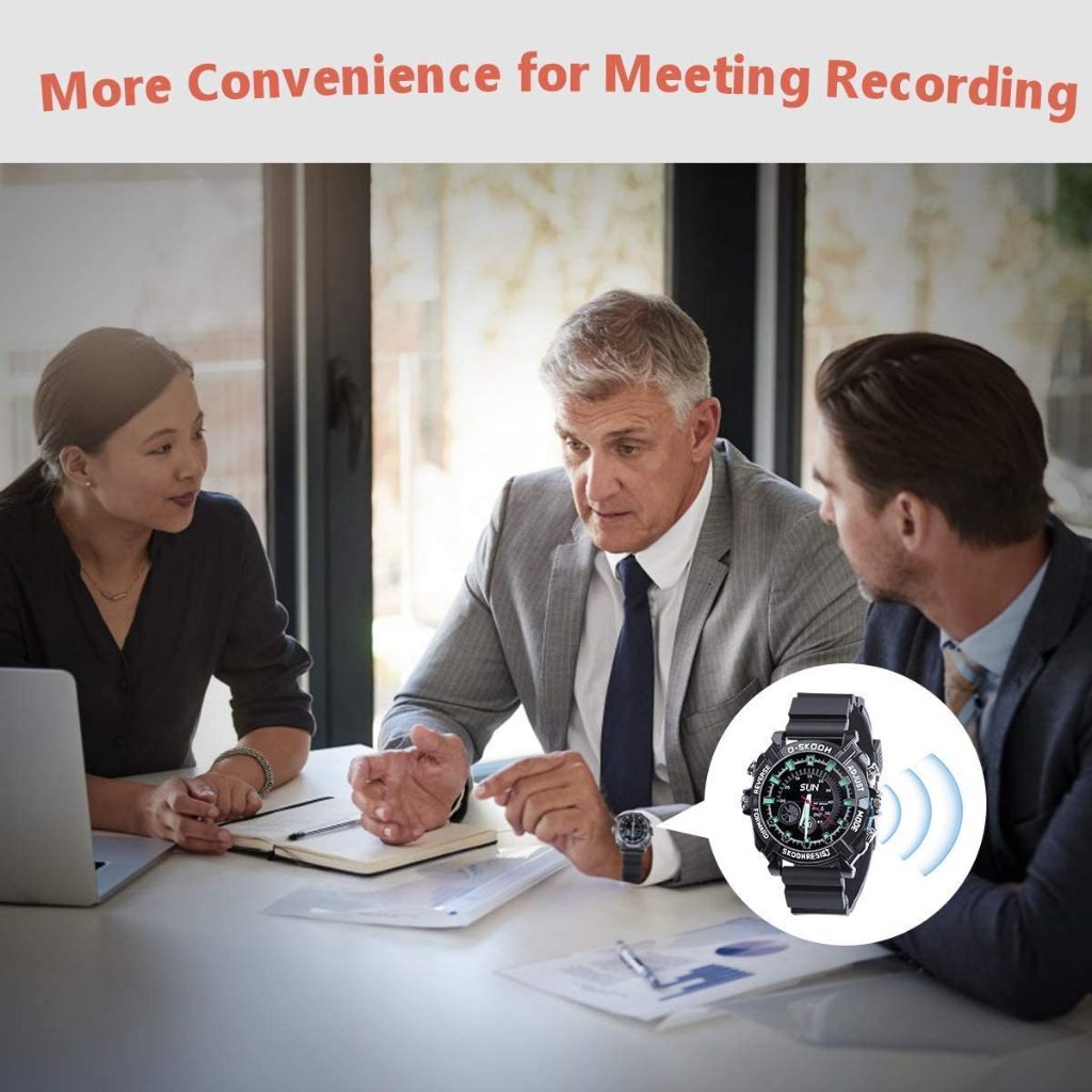 Three professionals discussing around a table with an image of a SpyCam Watch emphasizing secretive recordings for meeting convenience.
