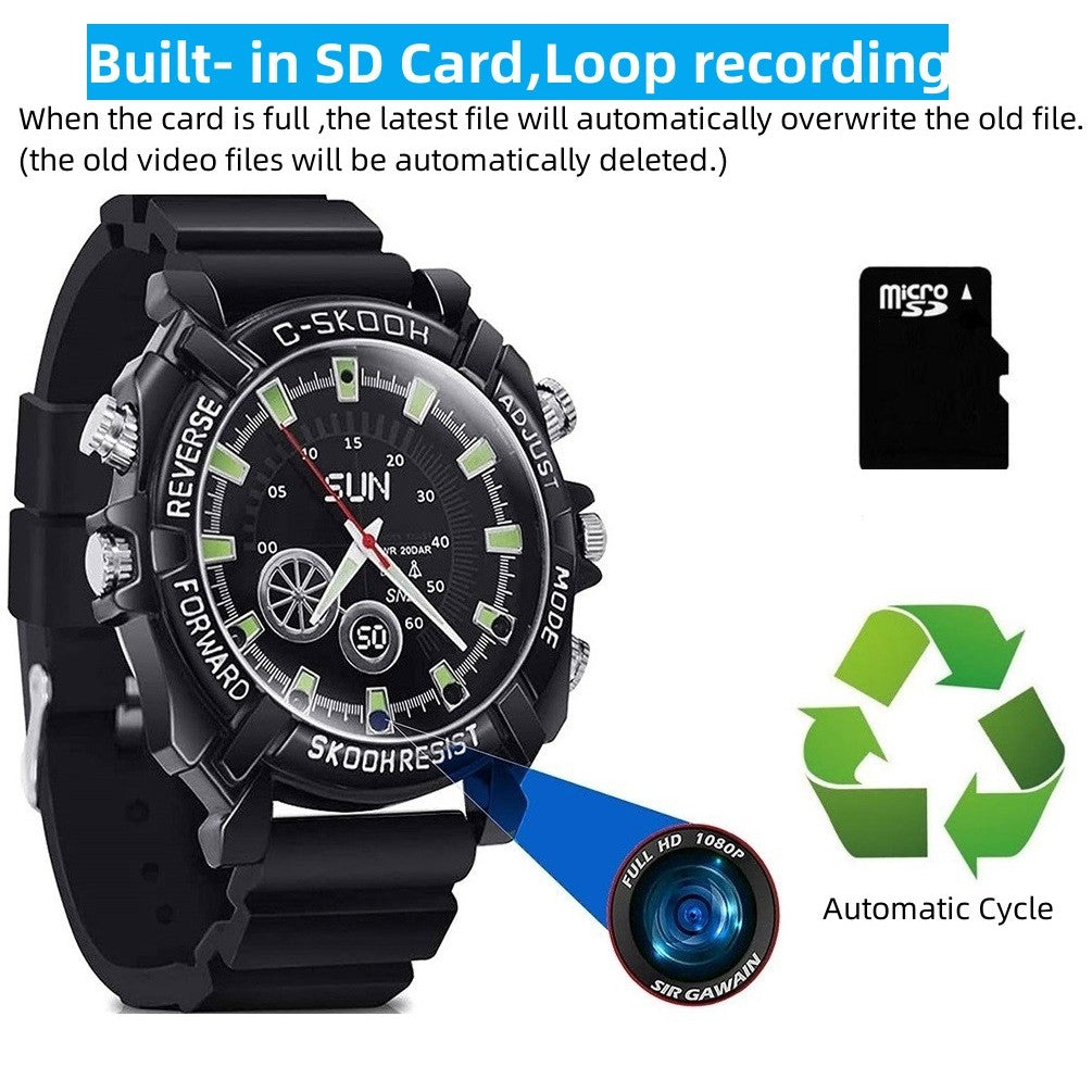 A black SpyCam Watch with text detailing its HD 1080P recording feature, automatic file overwriting when storage is full, and an included micro SD card and recycling symbol.