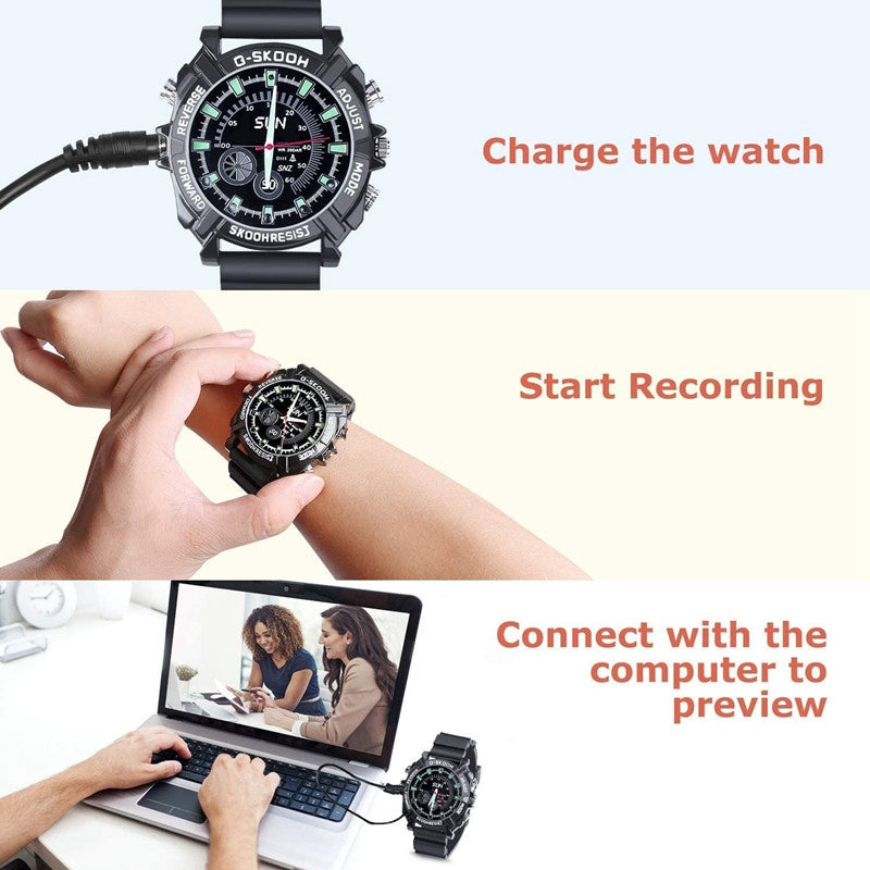 Collage showing a SpyCam Watch being charged, its recording feature being activated, and the watch data being previewed on a computer.