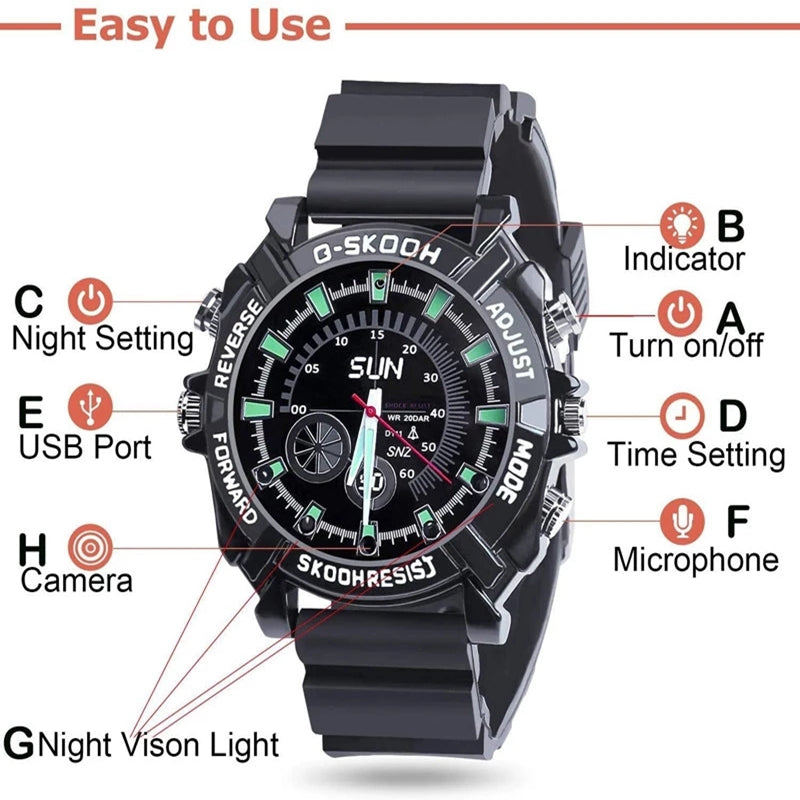 Digital black SpyCam Watch labeled with features including USB port, HD 1080P camera, night vision light, and settings for time and date adjustments.
