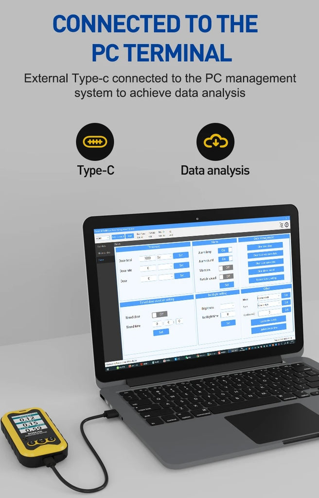 A laptop with real-time data analysis connected to the pc terminal from the nuclear radiation detector.