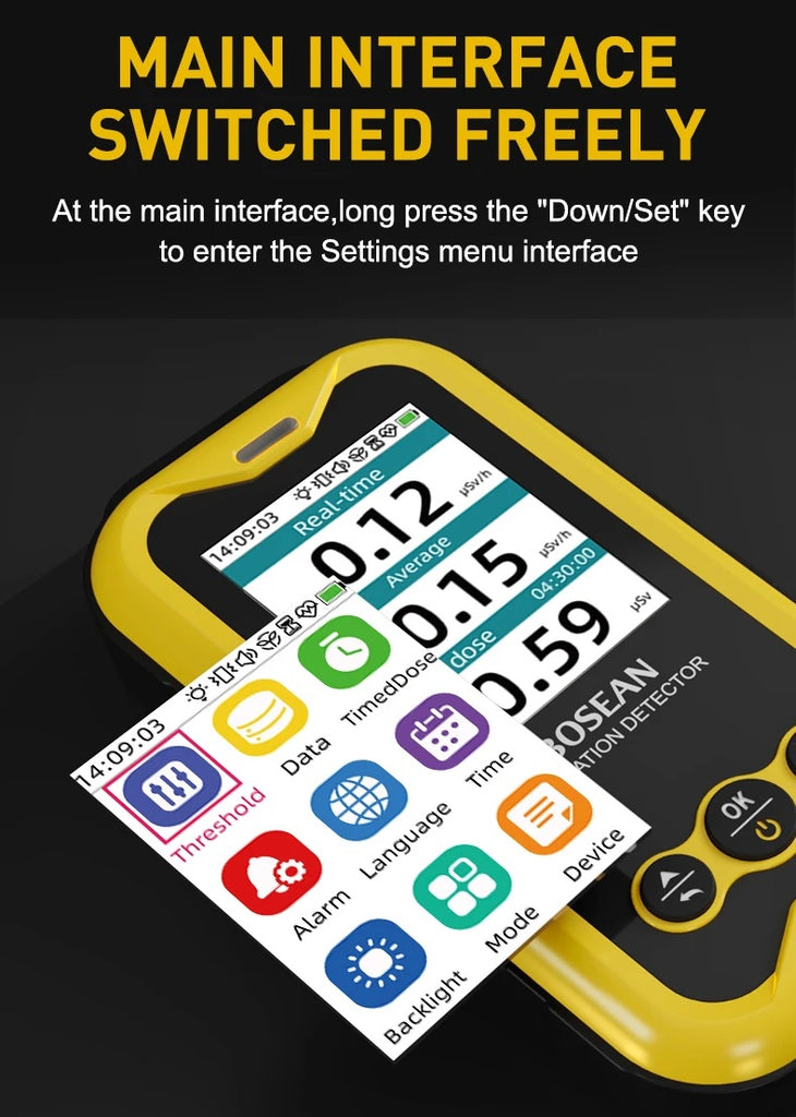 A yellow nuclear radiation detector with a yellow screen showing real-time data analysis switched freely.