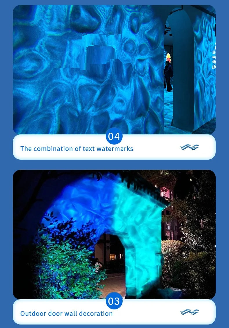 Top: abstract blue illuminated sculpture with text watermarks. Bottom: blue-lit archway in a garden setting with waterproof foliage.