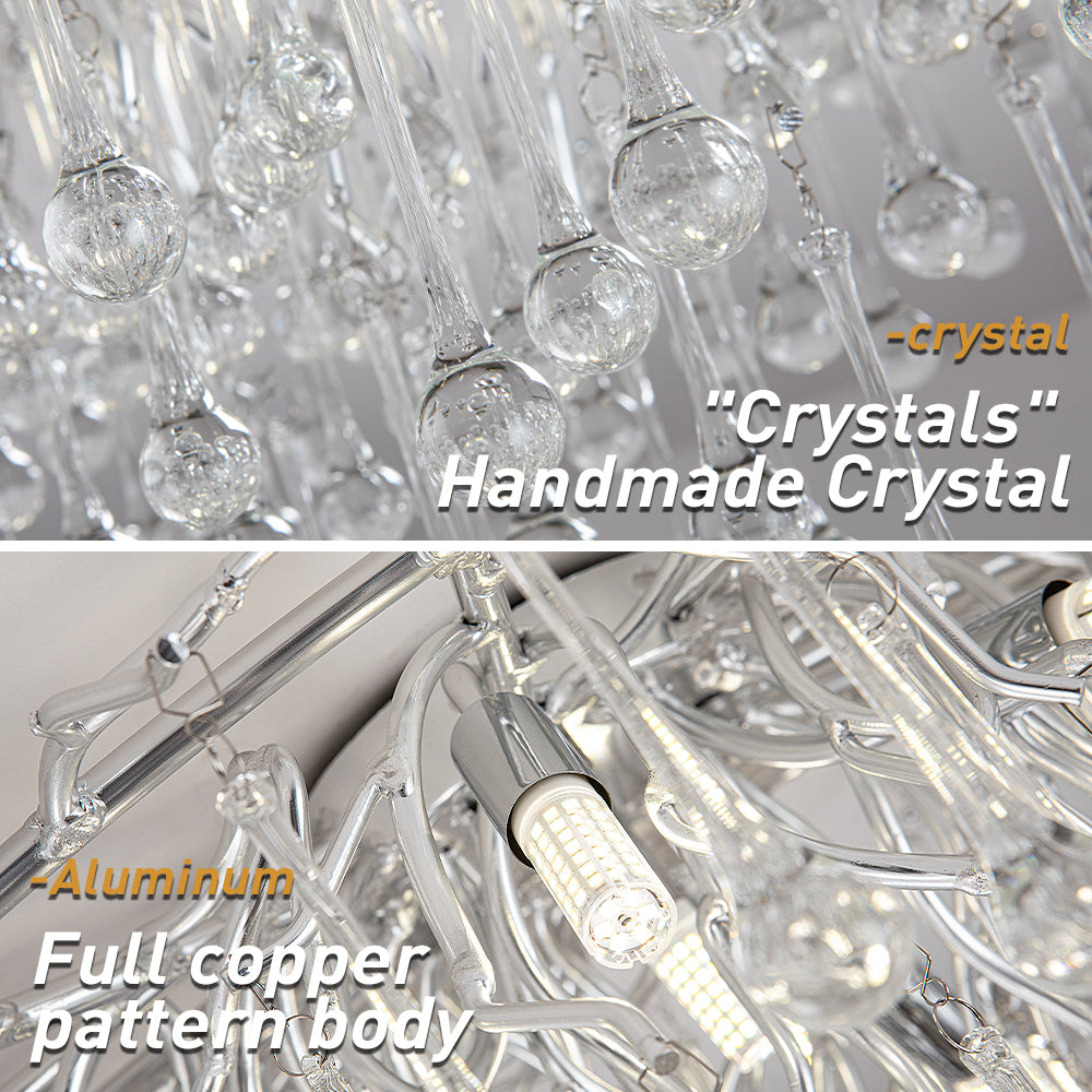 A series of pictures showcasing the opulence of dazzling crystal chandeliers adorned with tear drop crystals.