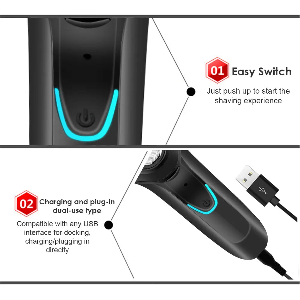 Close-up of a Rechargeable Shaver SpyCam highlighting two features: an easy switch for starting the shave and USB compatibility for charging or direct use.