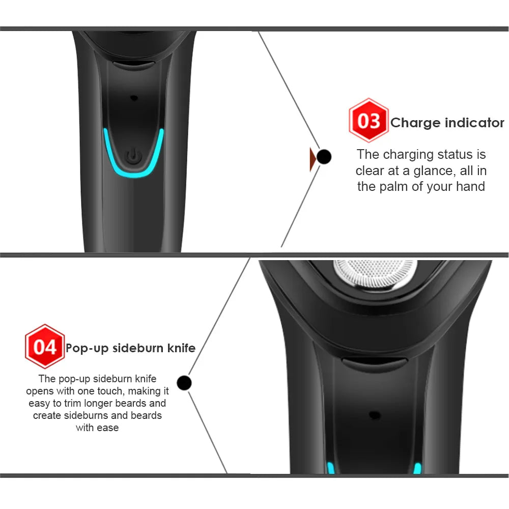 Close-up of a rechargeable shaver spycam displaying the charge indicator and pop-up sideburn knife features with descriptions.