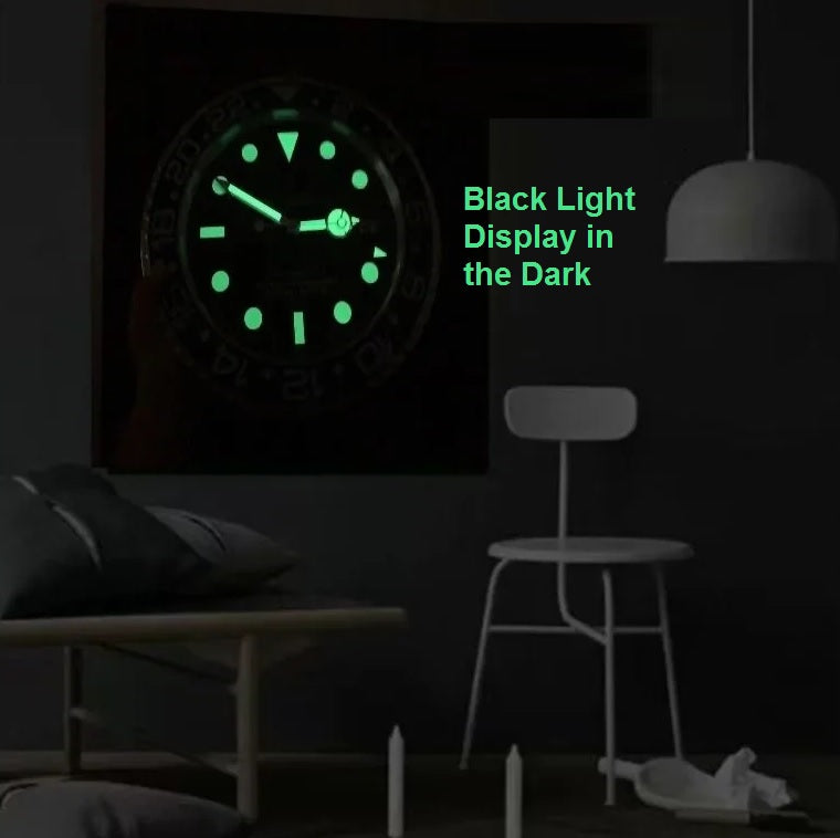 The black light of Rolexia Wall Clock art display in the dark.