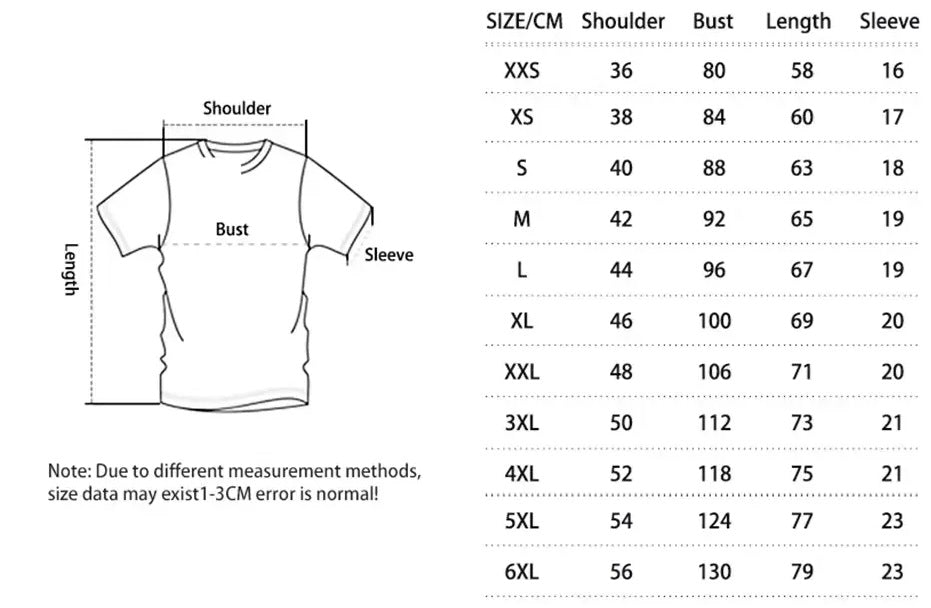 Size chart for 3D Curious Cat T-shirt in the cat collection.