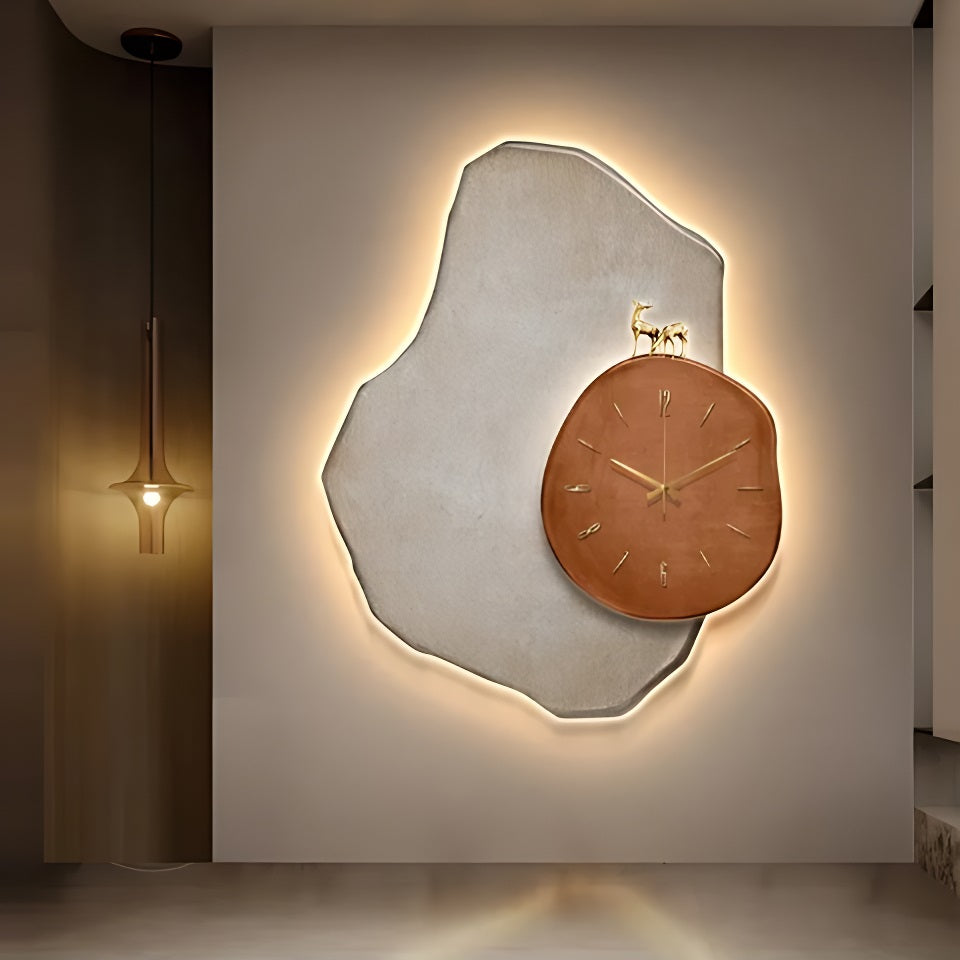 A wall clock is mounted on a wall in a room, keeping track of time as the deer frolic in a nearby clearing.