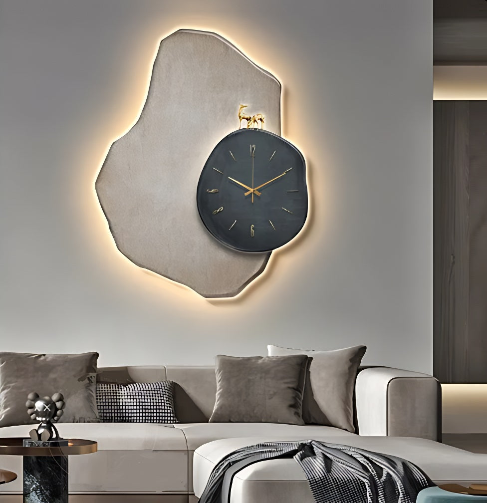 A handcrafted living room with a wall clock.