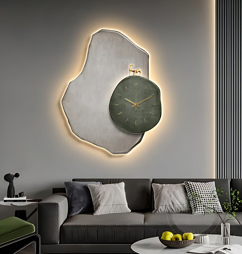 A modern living room with a handcrafted wall clock hanging on the wall, creating woodland vibes.