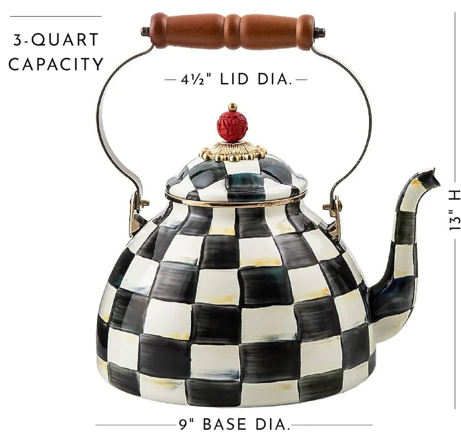 A vintage black and white checkered tea kettle with a wooden handle, perfect for tea time.