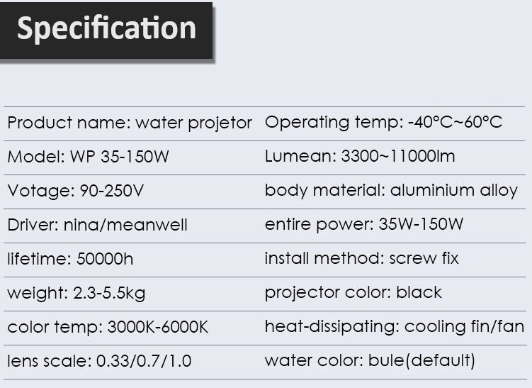 Table showing specifications for a Water Ripple Projector, including product name, model, voltage, lumens, and other technical details on a white background.