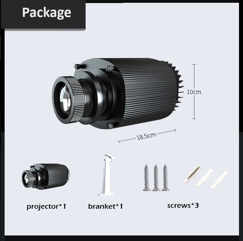 Image of a black cylindrical Water Ripple Projector with accessories including a bracket and three screws, dimensions shown, labeled as part of a package.