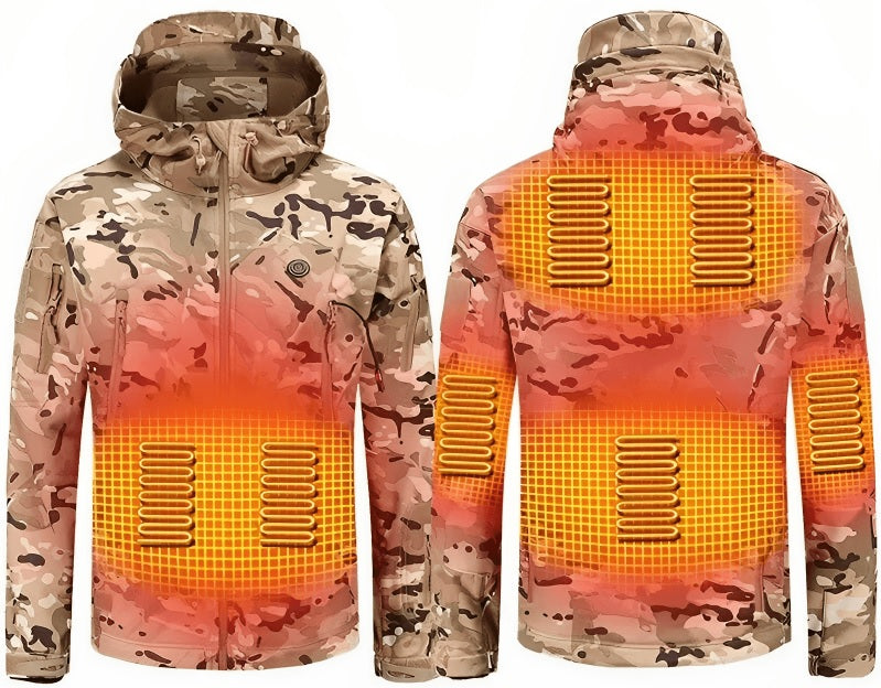 A camouflage hoodie with an advanced heating system, perfect winter accessory.