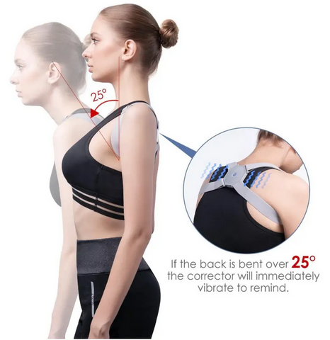 A woman wearing a back brace to correct her posture with a back view.