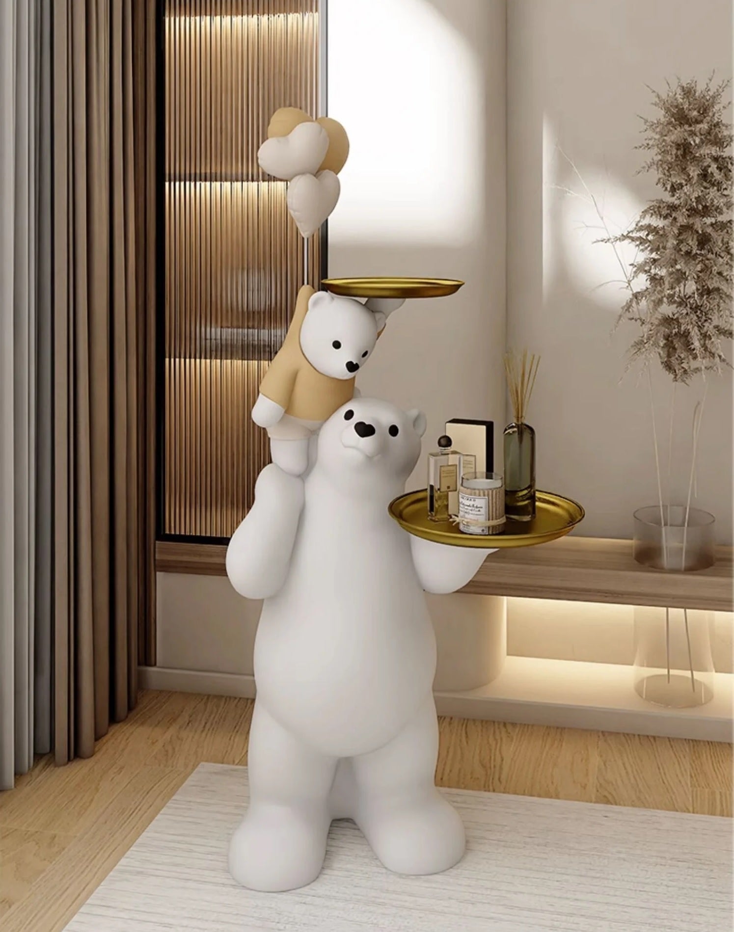 Decorative figurines of bears in a modern living room, with one bear holding a tray acting as a bear theme coffee table, another smaller bear balancing on the first bear’s head holding a balloon.