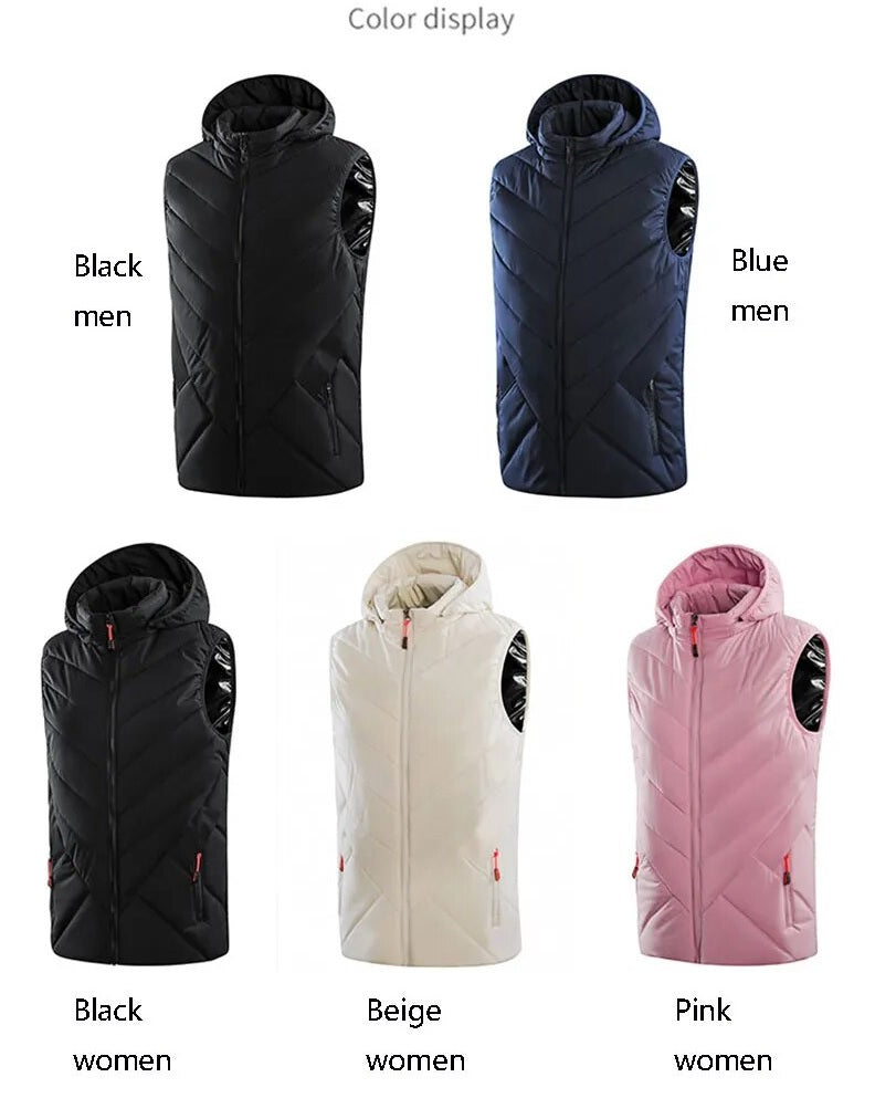 Men's or Women's hooded vests in different colors with customizable heat settings.