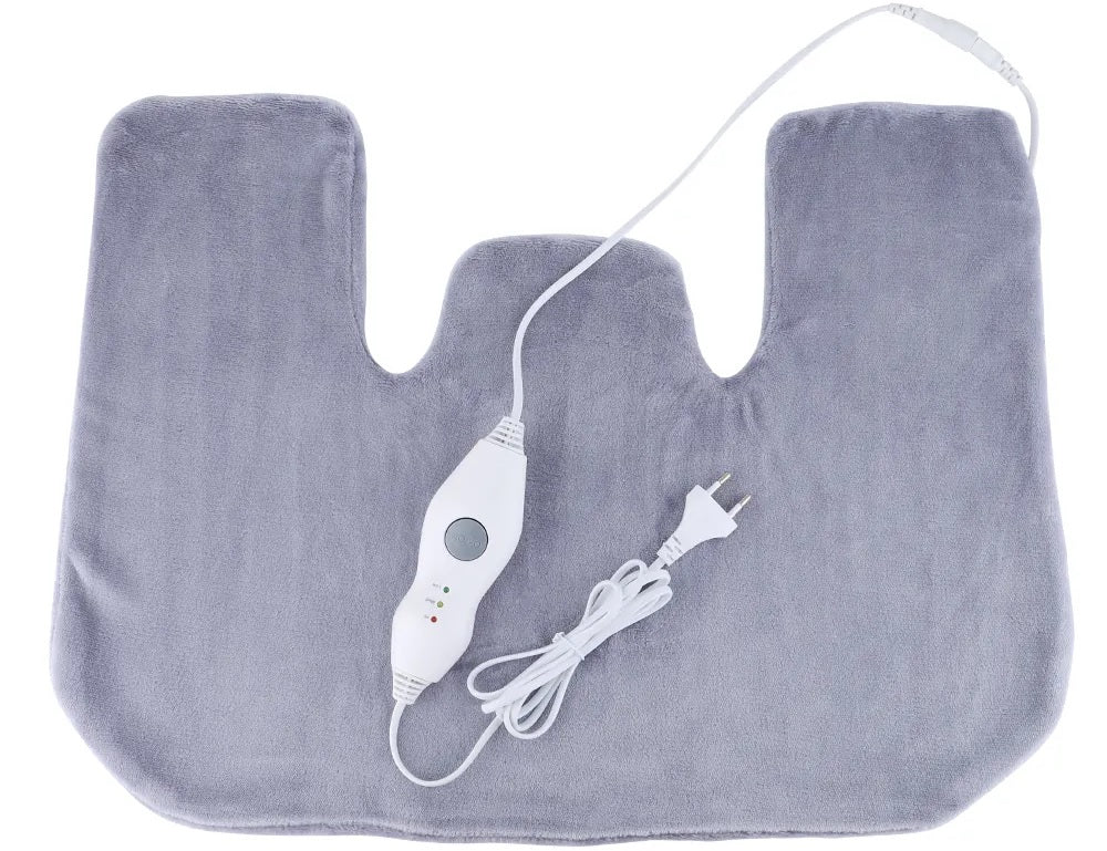 An adjustable temperature electric heating pad with a cozy shawl attached to it.