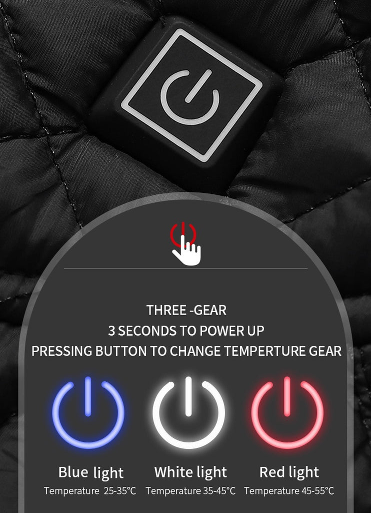 A picture of an Electric Heated Vest with buttons to change the temperature in cold weather.