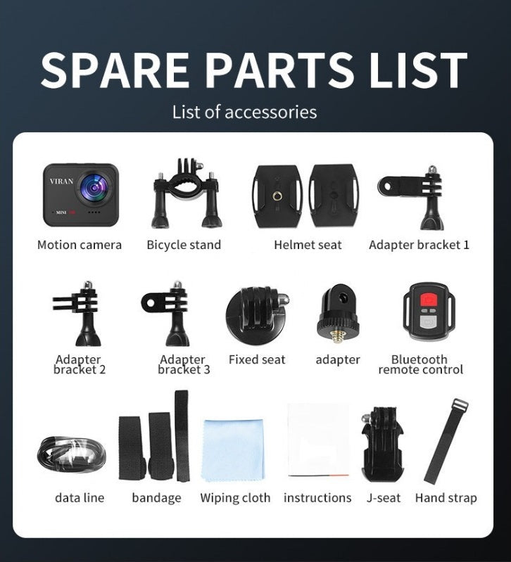 The spare parts list for an ultra high definition 4K action camera.