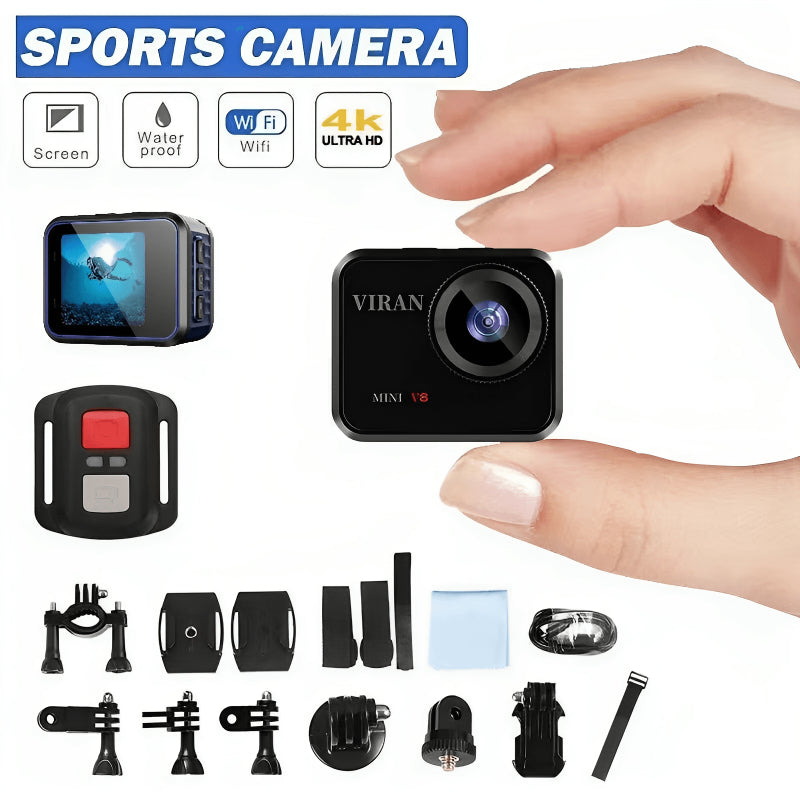 A hand holding an ultra high definition action camera and other accessories.