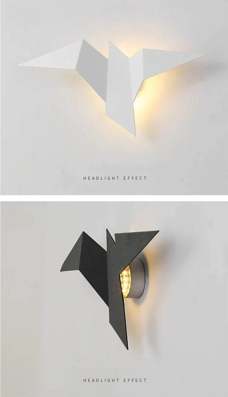 Two minimalist wall lamps designed to resemble the headlight effect of paper airplanes, now with a nature-inspired twist for a modern design.