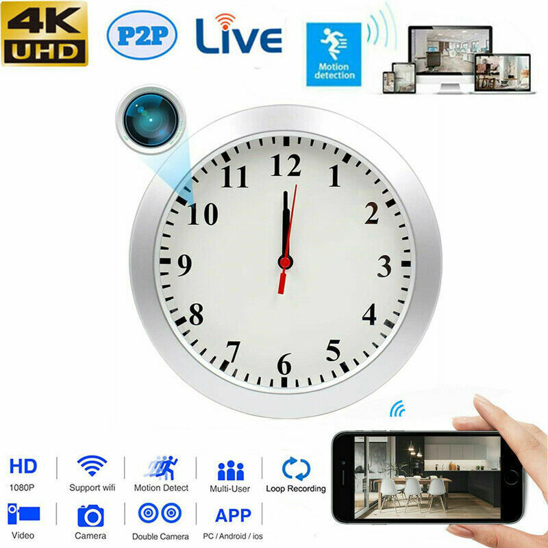 A modern wall clock with hidden surveillance features, including camera and remote viewing capabilities, advertised with icons for 4k uhd, motion detection, and smartphone app integration.