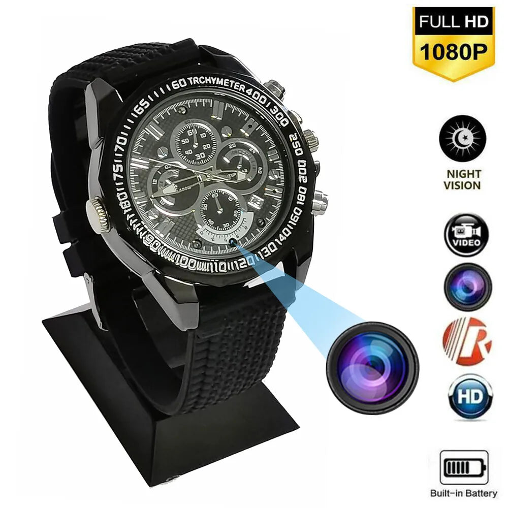 A black wristwatch with a tachymeter, displaying additional features like full HD recording, night vision, and built-in battery.