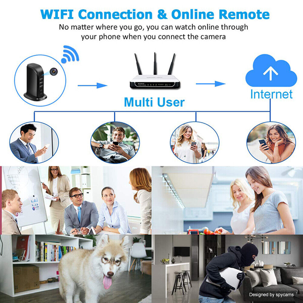 A wifi and online remote camera system, featuring a hidden camera charger, showing diverse use cases including office meetings, home security, and personal monitoring via smartphone.