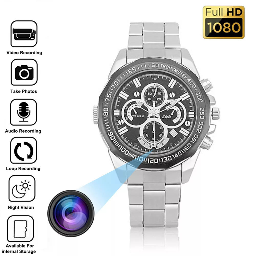 Silver wristwatch with multiple functionalities including video recording, audio recording, and night vision, highlighted with full HD recording.