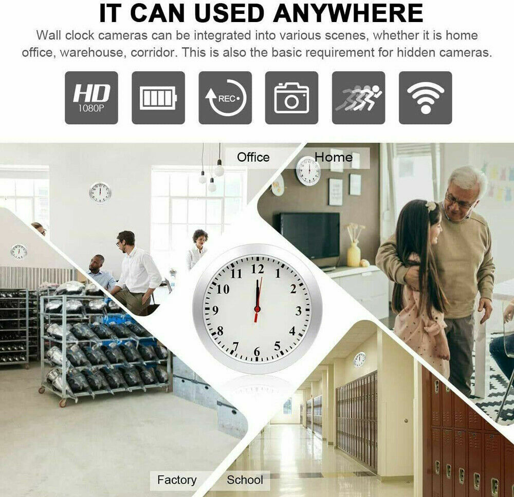 An advertisement showcasing a SpyCam Wall Clock with an integrated hidden camera, stating its James Bond-style versatility for use in various settings such as offices, homes, warehouses, schools, and corridors.