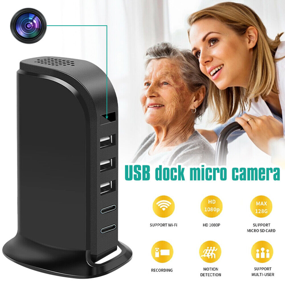 A USB Type-C charging ports dock featuring a hidden micro camera, with icons indicating HD 1080p video, Wi-Fi support, motion detection, and SD card compatibility.