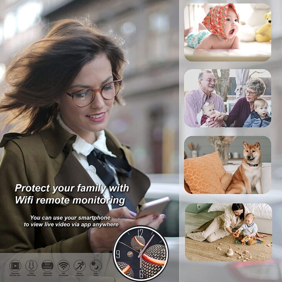 Woman using a smartphone with various images showing remote monitoring of family and pets; advertisement for a Security Wall Clock SpyCam, a wifi-connected security system with mobile app features inspired by James Bond 007 espionage