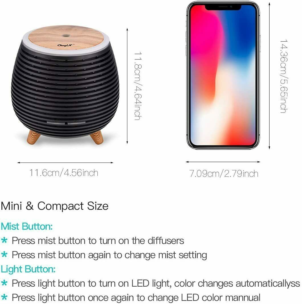 An infographic comparing the size of a compact essential oil diffuser with WiFi connectivity to a smartphone, including button functions for mist and light settings.
