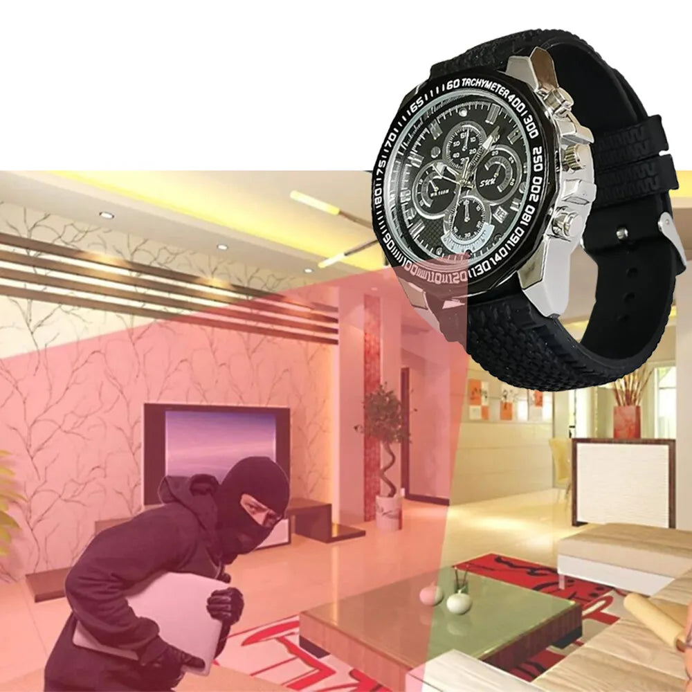 Collage of a burglar in a living room and a close-up of a hidden camera watch with multiple dials and silver details.