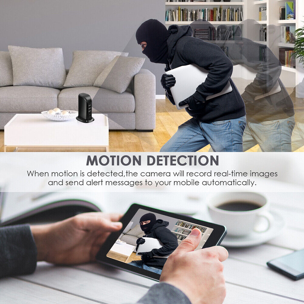 A burglar in a ski mask is caught on a home security camera as a person views the live footage on a tablet. Text overlay describes the hidden camera charger's motion detection feature.