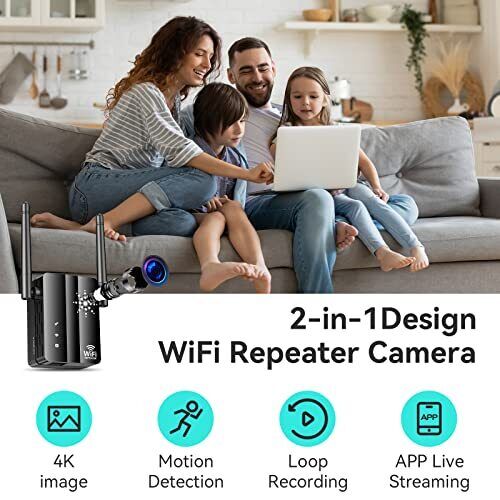 A close-up of a router featuring built-in motion detection, loop recording, real-time alerts, app live streaming, 4K images, etc..