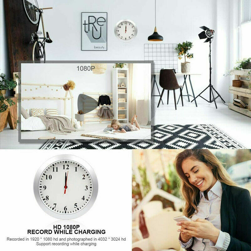 A promotional image showcasing a James Bond Style hidden camera embedded within a modern wall clock, advertising its full HD 1080p recording capability and the feature to record while charging.